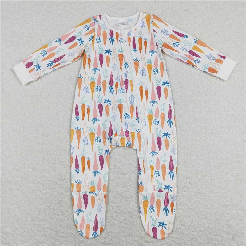 7.7 RTS NO MOQ Baby Boys Bodysuit LR0890 Easter Carrots Footie Zip Rompers