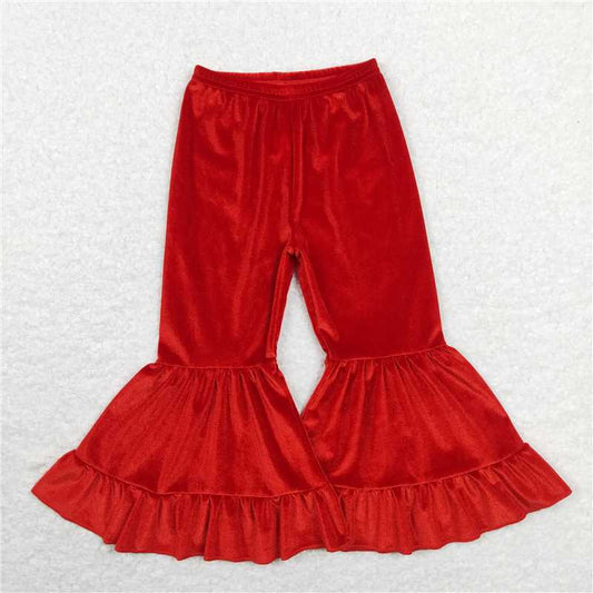 RTS NO MOQ Baby Girls Long Pants P0417 Red Velvet Ruffle Bell Bottom Pants