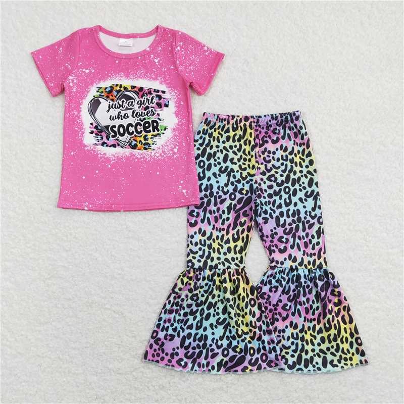 7.14 RTS NO MOQ Baby Girls Summer Kids Sets GSPO1273 Just A Girl Who Loves Soccer Shirts Top Leopard Bell Pants Clothes Sets