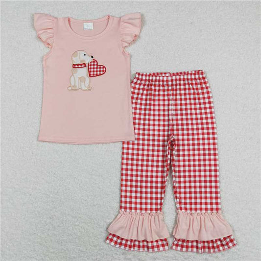 7.14 RTS NO MOQ Baby Girls Summer Kids Sets GSPO1161 Valentines Dog Hearts Tee Shirts Top Ruffle Pants Outfits Clothes Sets