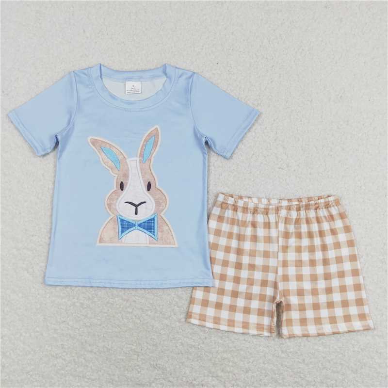 RTS NO MOQ Baby Boys kids Summer Sets BSSO0292 Easter Rabbit Tee Shirt Khaki Checkered Shorts Clothes Sets