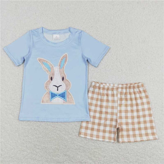 RTS NO MOQ Baby Boys kids Summer Sets BSSO0292 Easter Rabbit Tee Shirt Khaki Checkered Shorts Clothes Sets