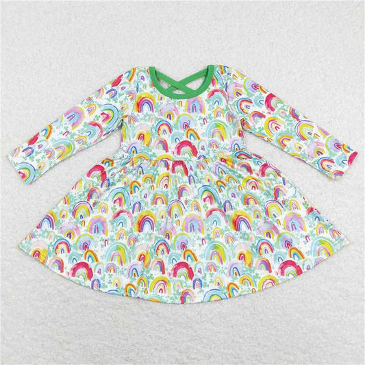 6.13 RTS NO MOQ Baby Girls Long Sleeve GLD0495 Green Rainbow Quatrefoil St Patrick Day Knee Length Dresses