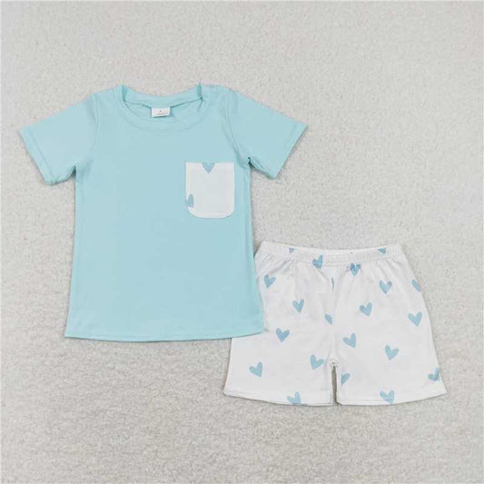 RTS NO MOQ Baby Boys kids Summer Sets BSSO0413 Valentines Blue Hearts Pocket Shirts Shorts Outfits Clothing Sets