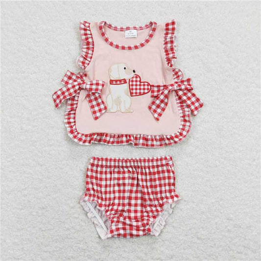 RTS NO MOQ Baby Girls Summer Outifts GBO0230 Valentines Dog Bows Tunic Bummies Clothes Sets