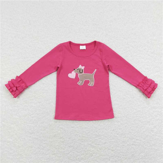 5.22 RTS NO MOQ Baby Girls Long Sleeve GT0409 Long Sleeve Hotpink Valentines Dogs Hearts Tee Shirt Tops