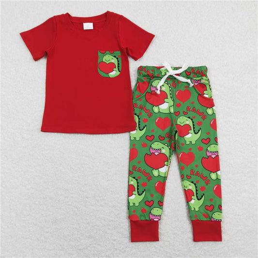 5.27 RTS NO MOQ Baby Boys Summer Sets BSPO0229 Valentines Pocket Top Dinosaur Hearts Pants Clothes Sets