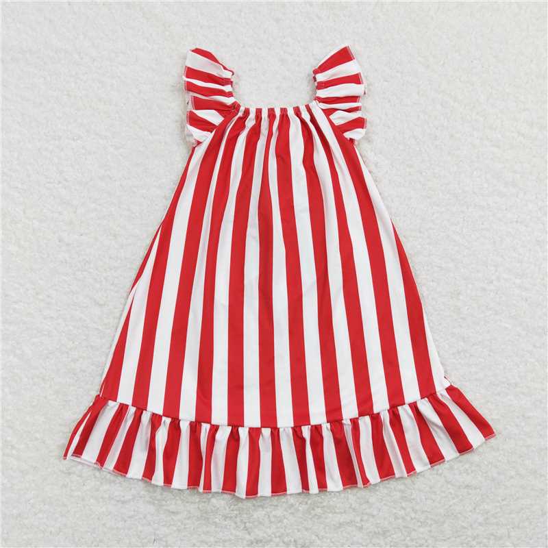 8.1 RTS NO MOQ Summer Baby Girls Dresses GSD0675 4Th Of July Red Stripes Big Bow Knee Length Dresses