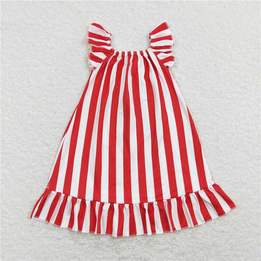 8.1 RTS NO MOQ Summer Baby Girls Dresses GSD0675 4Th Of July Red Stripes Big Bow Knee Length Dresses