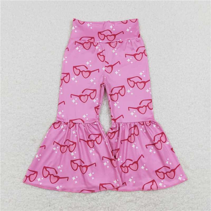 RTS NO MOQ Baby Girls Long Pants P0365 Valentines Glasses Hearts Pink Flare Bell Bottom Pants