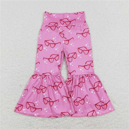 RTS NO MOQ Baby Girls Long Pants P0365 Valentines Glasses Hearts Pink Flare Bell Bottom Pants