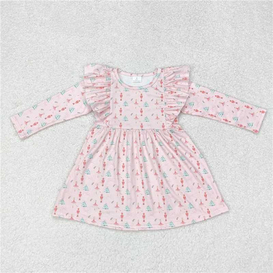 RTS NO MOQ Baby Girls Long Sleeve GLD0543 Christmas Pink Dance Soldier Knee Length Dresses
