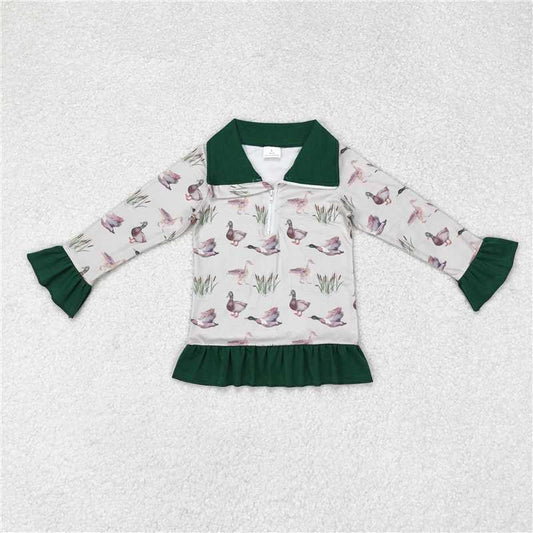 RTS NO MOQ Baby Girls Long Sleeve GT0605 Mallard Ducks Ruffles Zip Hunting Pullovers Tops