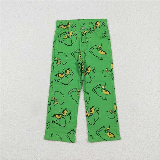 P0485 Baby Boys Christmas Green Frog Face Denim Pants Jeans