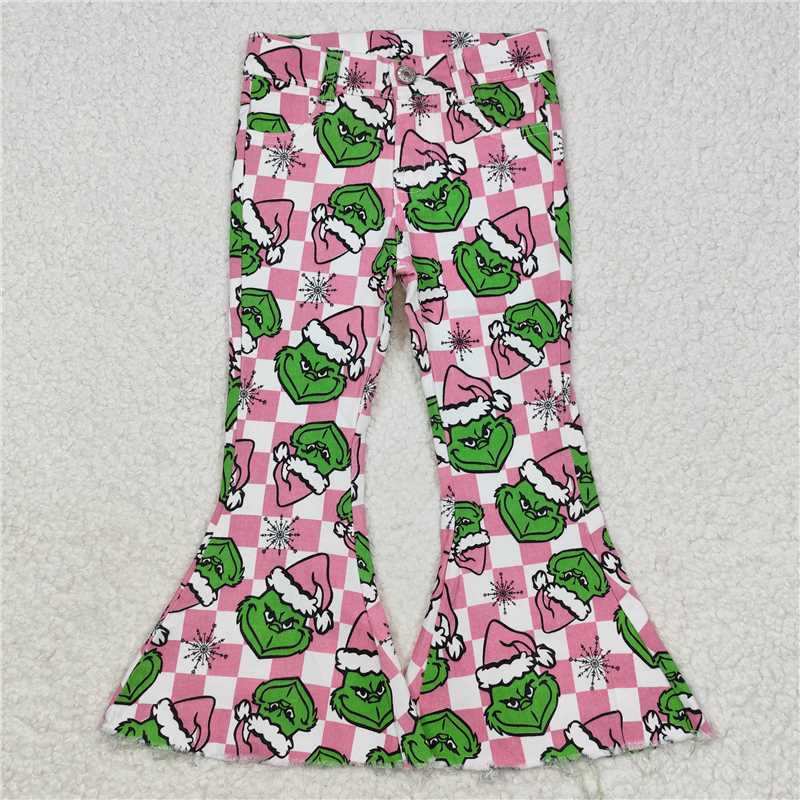 P0483 Baby Girls Christmas Pink Face Checkered Bell Flare Denim Jeans Pants