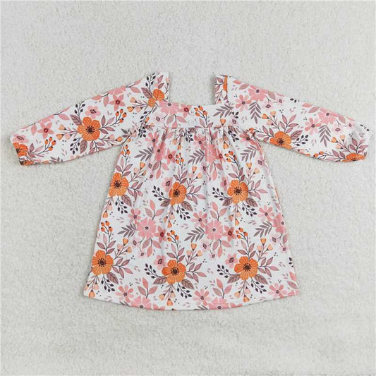 RTS NO MOQ Baby Girls Long Sleeve GLD0535 Pink Flowers Fall Knee Length Dresses