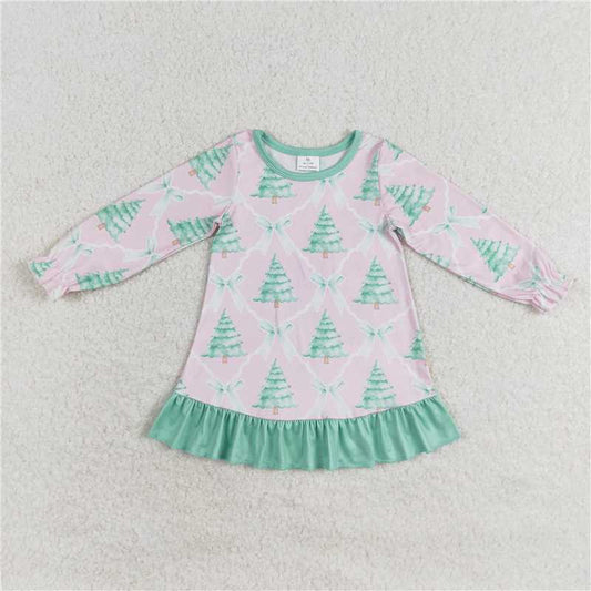 RTS NO MOQ Baby Girls Long Sleeve GLD0538 Christmas Pink Bows Trees Knee Length Gowns Dresses