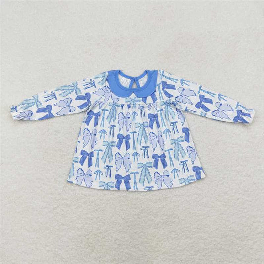 RTS NO MOQ Baby Girls Long Sleeve GT0666 Light Blue Bows Collar Knee Length Dresses