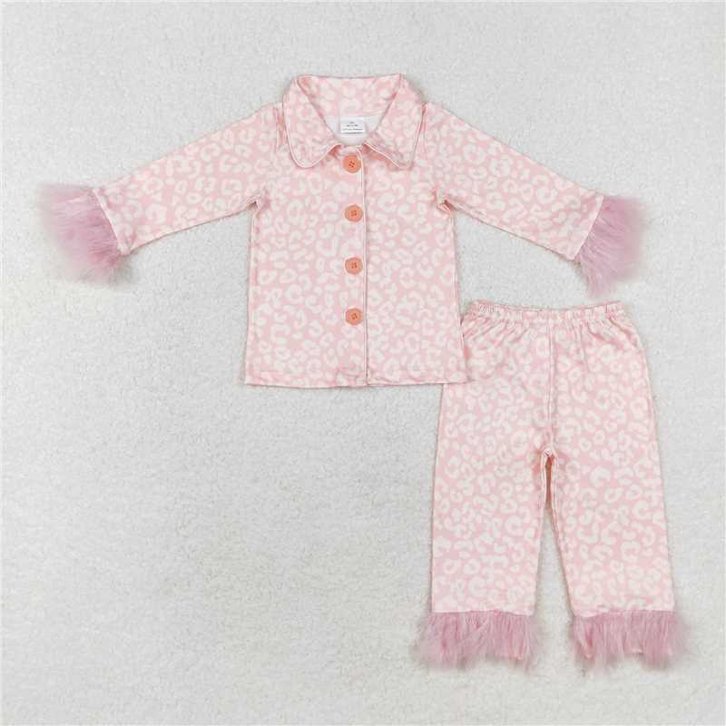 GLP1258 Baby Girls Light Pink Fur Top Pants Pajamas Clothes Sets