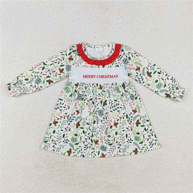 RTS NO MOQ Baby Girls Long Sleeve GLD0579 Merry Christmas Leaves Knee Length Dresses