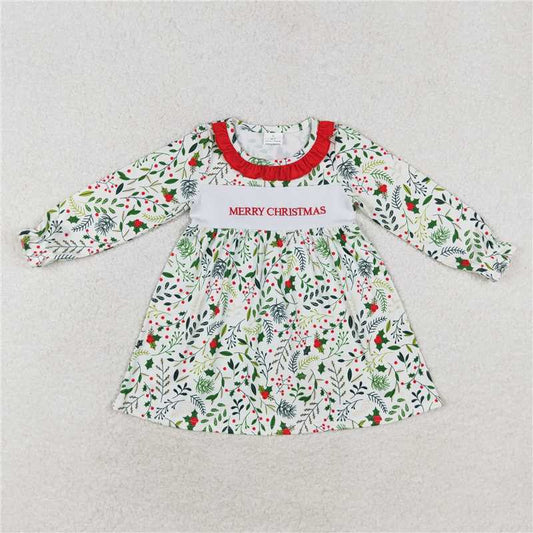 RTS NO MOQ Baby Girls Long Sleeve GLD0579 Merry Christmas Leaves Knee Length Dresses