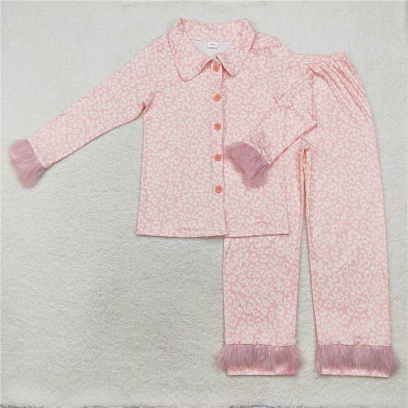 RTS NO MOQ Adult Women Long Sleeve GLP1262 Pink Leopard Button Up Top Pants Fur Pajamas