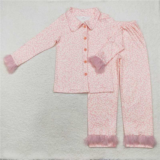 RTS NO MOQ Adult Women Long Sleeve GLP1262 Pink Leopard Button Up Top Pants Fur Pajamas