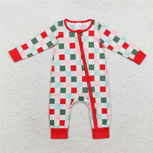 7.7 RTS NO MOQ Baby Boys Bodysuit LR1197 Christmas Redheckered Zip Bamboo Rompers
