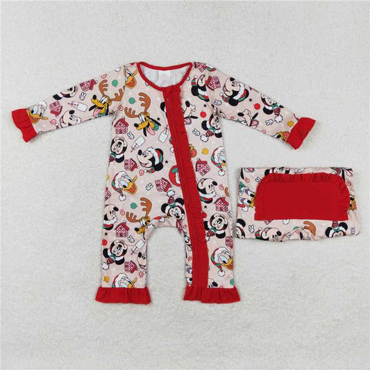 6.19 RTS NO MOQ Baby Girls Bodysuit LR1334 Christmas Deer Long Sleeve Ruffles Rompers