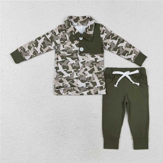 6.26 RTS NO MOQ Baby Boys Sets BLP0493 Fall Green Ducks Camo Pullovers Tops Shirt Pants Clothes Sets