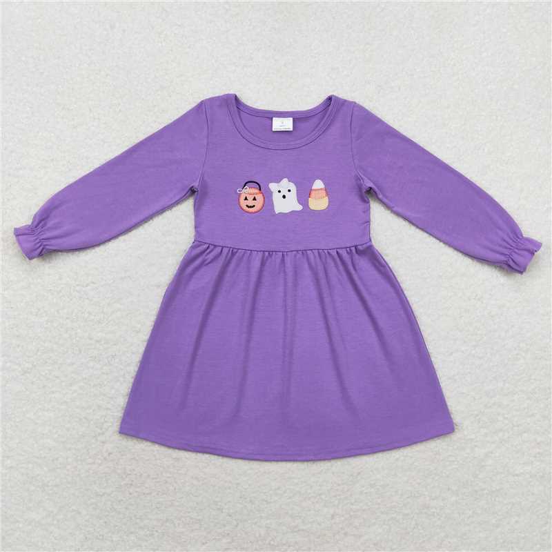 6.12 RTS NO MOQ Baby Girls Long Sleeve GLD0575 Lavender Ghost Halloween Knee Length Dresses