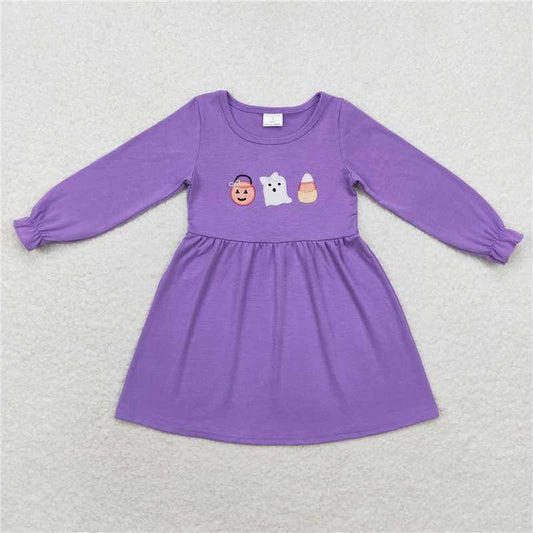 6.12 RTS NO MOQ Baby Girls Long Sleeve GLD0575 Lavender Ghost Halloween Knee Length Dresses