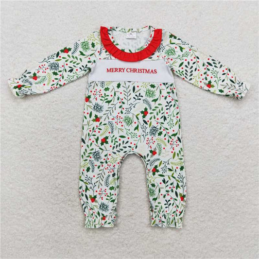 7.12 RTS NO MOQ Baby Girls Bodysuit LR1176 Merry Chrsitmas Leaves Long Sleeve Rompers