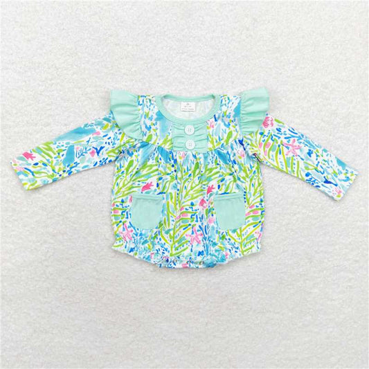 6.19 RTS NO MOQ Baby Girls Bodysuit LR1353 Green Leaves Pockets Ruffles Rompers