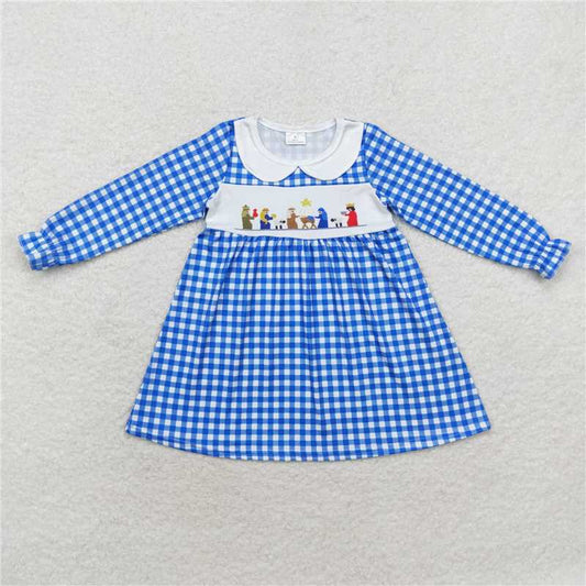 RTS NO MOQ Baby Girls Long Sleeve GLD0647 Blue Checkered Nativity Christmas Knee Length Dresses