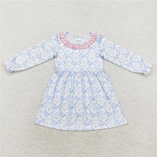 RTS NO MOQ Baby Girls Long Sleeve GLD0693 Blue Bows Flowers Fall Knee Length Dresses