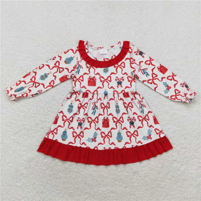 RTS NO MOQ Baby Girls Long Sleeve GLD0523 Christmas Candy Cane Bows Ruffle Knee Length Dresses