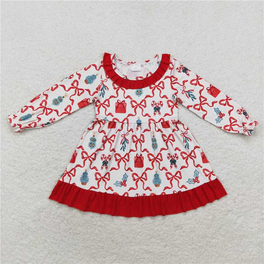 RTS NO MOQ Baby Girls Long Sleeve GLD0523 Christmas Candy Cane Bows Ruffle Knee Length Dresses