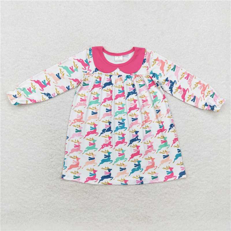 RTS NO MOQ Baby Girls Long Sleeve GLD0648 Christmas Pink Deers Knee Length Dresses