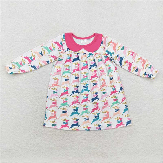 RTS NO MOQ Baby Girls Long Sleeve GLD0648 Christmas Pink Deers Knee Length Dresses
