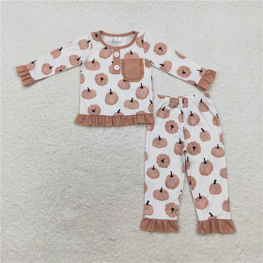 GLP1402 Baby Girls Pumpkins Pocket Top Pants Bamboo Pajamas Clothes Sets