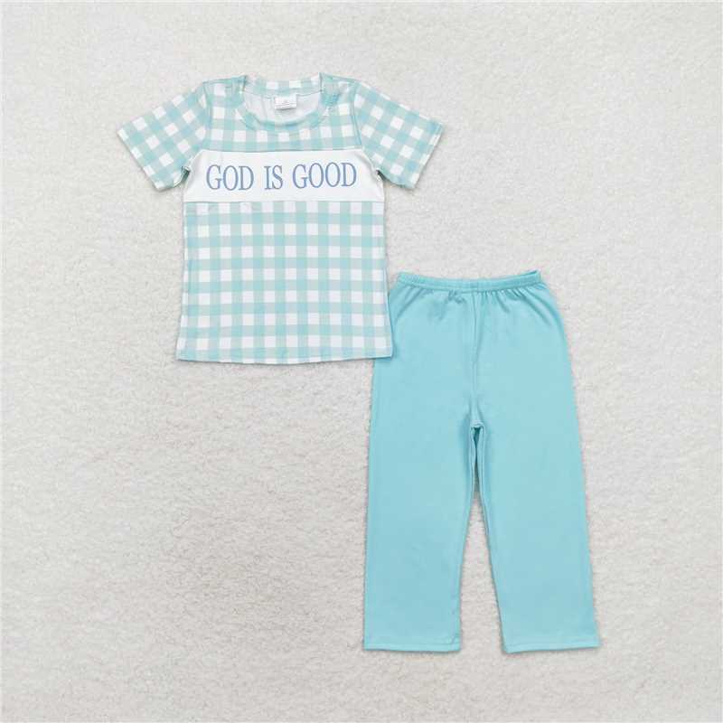 BSPO0463 Baby Boys God Is Good Checkered Top Pants Pajamas Outfits Sets