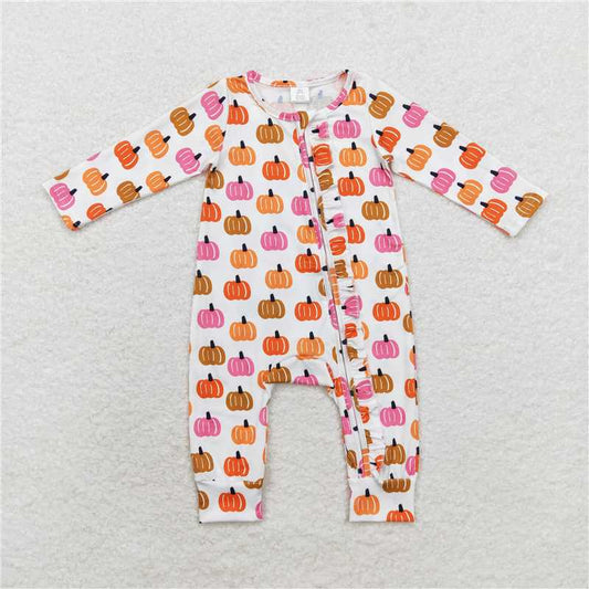 6.19 RTS NO MOQ Baby Girls Bodysuit LR1219 Pink Orange Pumpkin Long Sleeve Bamboo Zip Rompers