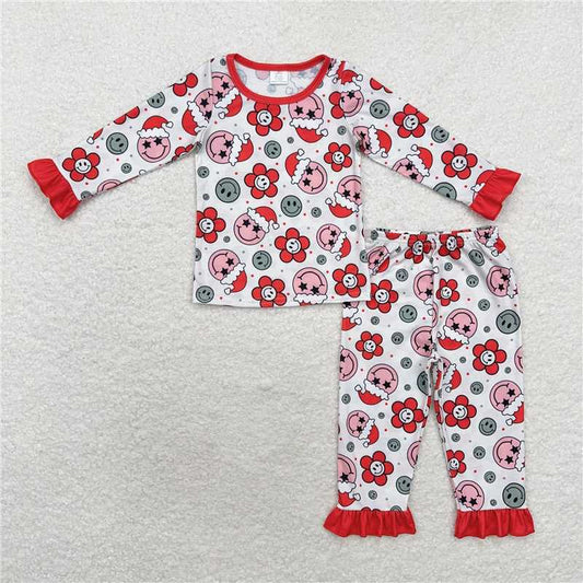 GLP1272 Baby Girls Christmas Red Flowers Smile Top Pants Bamboo Pajamas Clothes Sets