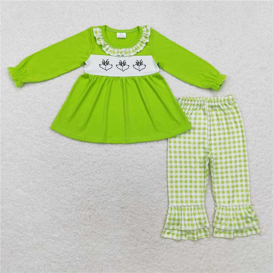 GLP1399  Baby Girls Christmas Green Face Tunic Top Ruffle Pants Clothes Sets