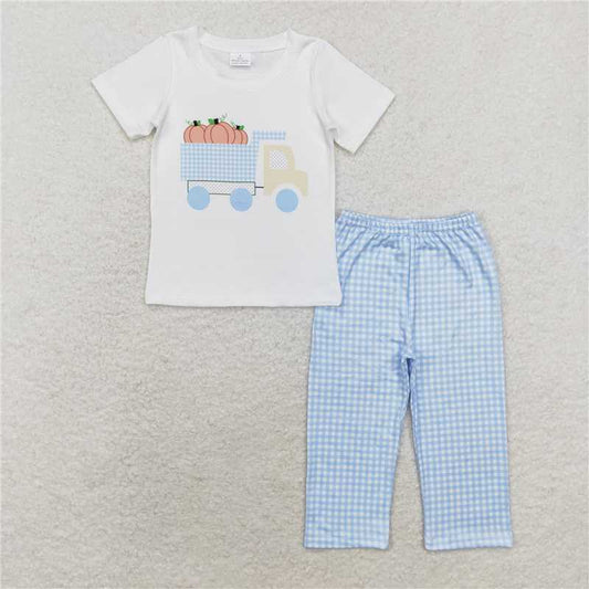 BSPO0398 Baby Boys Short Sleeve Pumpkin Tractor Top Pants Clothes Sets