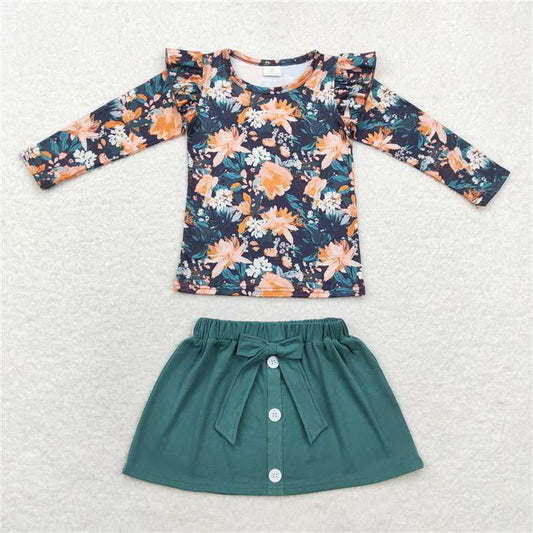 GLD0590 Baby Girls Fall Navy Flowers Shirts Skirt Clothes Sets