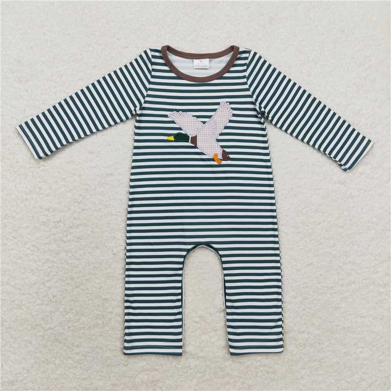 7.7 RTS NO MOQ Baby Boys Bodysuit LR0963 Blue Stripes Mallard Duck Long Sleeve Rompers