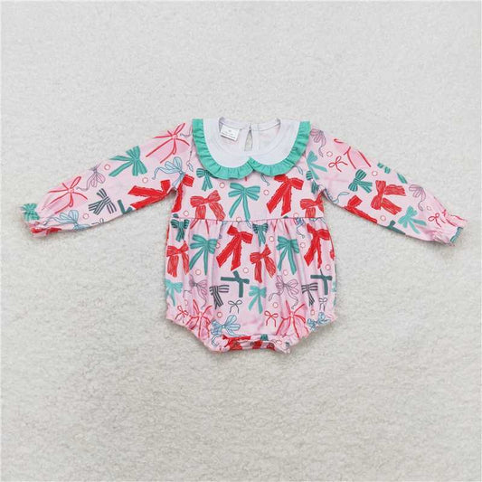 6.19 RTS NO MOQ Baby Girls Bodysuit LR1413 Christmas Pink Bows Long Sleeve Rompers