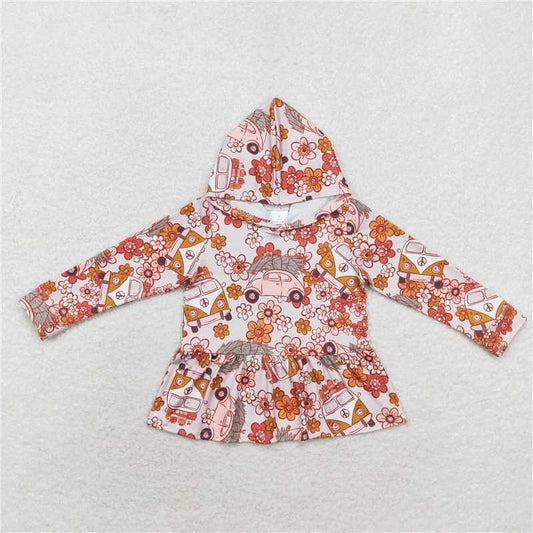 RTS NO MOQ Baby Girls Long Sleeve GT0652 Fall Cars Flowers Hooded Ruffle Tops